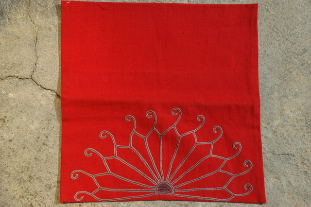 Gundara - Embroidered red cotton cushion cover by Zardozi