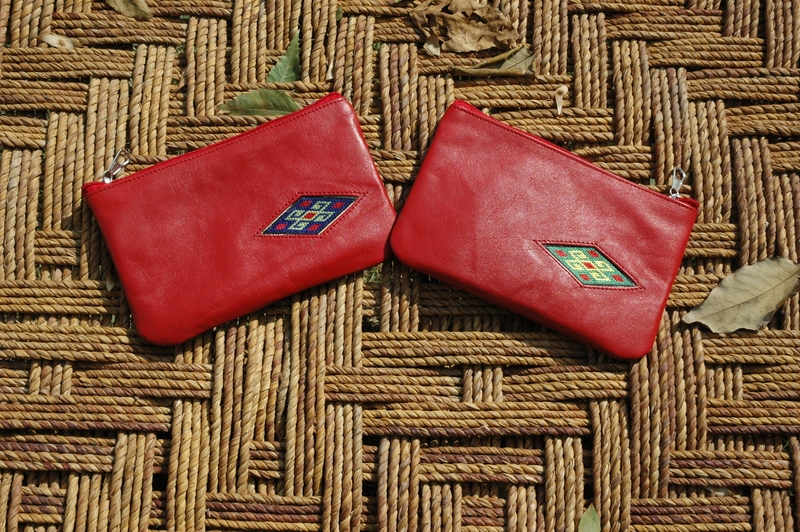 Gundara - Little Lea - handmade embroidered cosmetics pouch in red leather