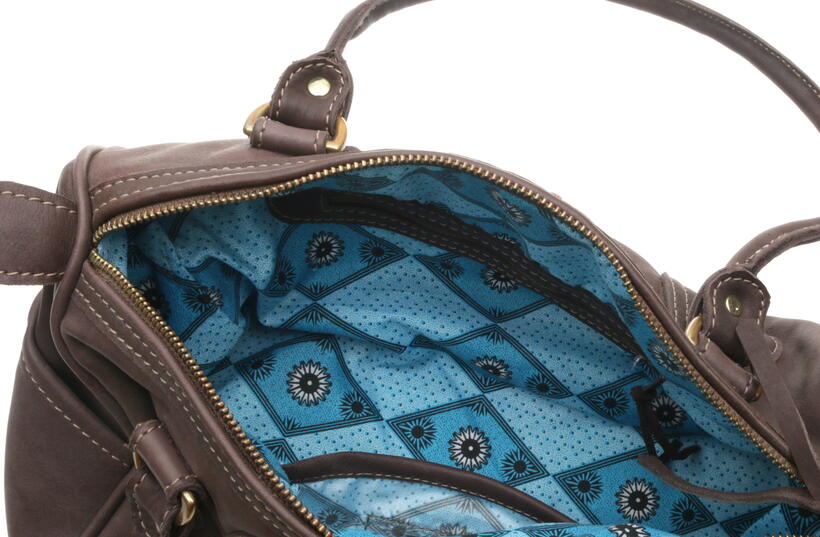brown leather handbag with african blue lining