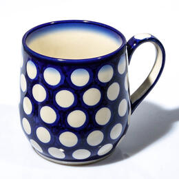white dot blue chai mug