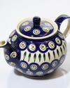 Boleslawiec classic peacock pattern on a teapot